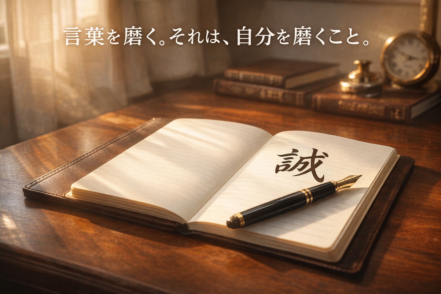 上質な文房具と美しい漢字。教養ある大人としての新しい一歩を象徴するイメージ。