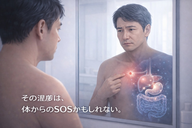 鏡で自分の皮膚症状を確認する男性と、内臓疾患の関連性を示すイメージ図。