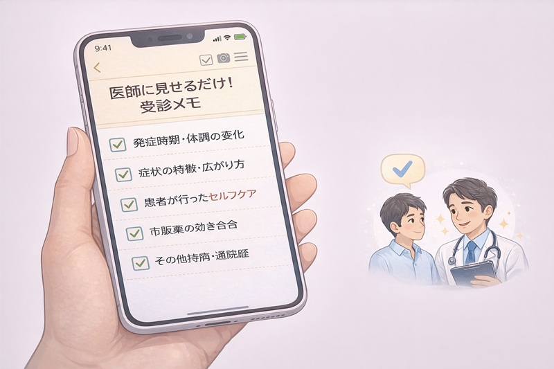 皮膚科受診時に医師へ伝えるべき項目をまとめたスマートフォン用メモのイメージ。