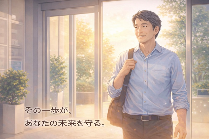 早期受診を終え、安心した表情で前を向く男性の姿。