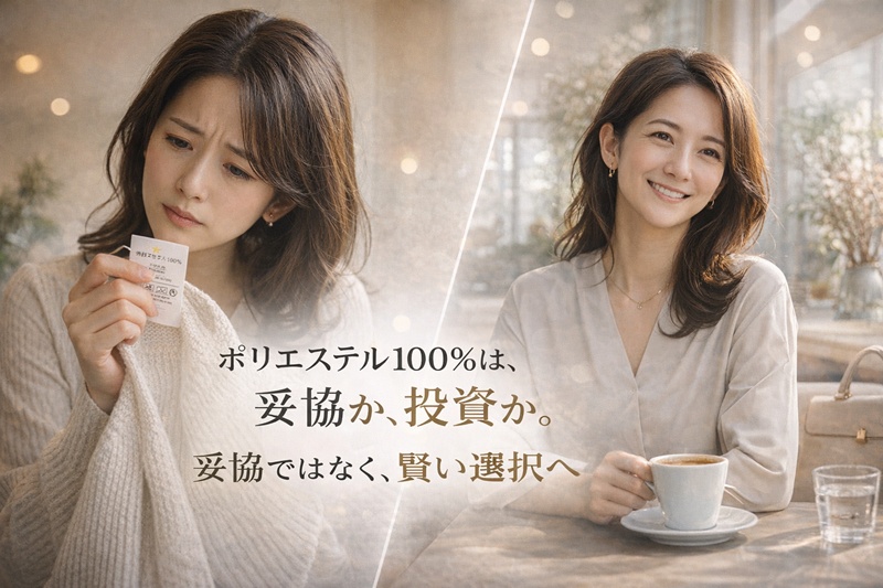 服のタグを見て悩む女性と、ポリエステル素材を賢く着こなして自分時間を楽しむ女性の対比