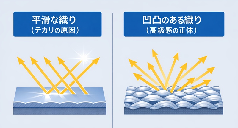 ポリエステルの織り組織による光の反射の違い。ジョーゼットなどの凹凸が乱反射を生み、高級感を与える仕組みの図解。