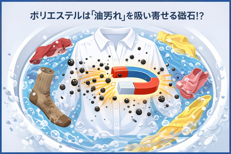 ポリエステルの親油性による逆汚染のメカニズム。他の衣類の汚れを吸着して黒ずむ様子。
