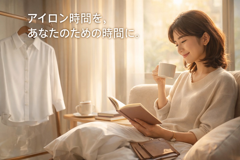 ポリエステル素材の活用でアイロンがけから解放され、朝の自由な時間を楽しむ女性の姿。