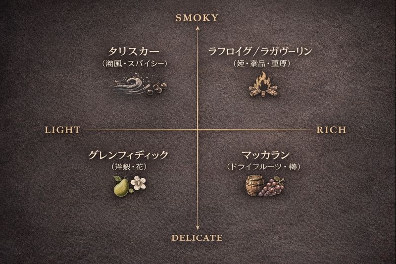ウイスキーの味わいをスモーキーさとリッチさの2軸で分類したフレーバーマップ。ラフロイグはスモーキー寄り、マッカランはリッチ寄りに配置されている。