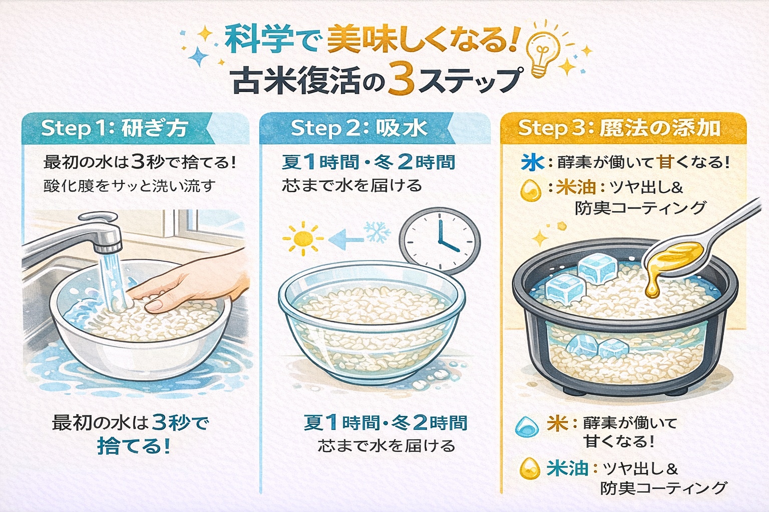 古米を美味しく炊く3つの科学的ステップ。1.最初の水はすぐ捨てる、2.十分な吸水、3.氷で甘みを出し米油でコーティングする。
