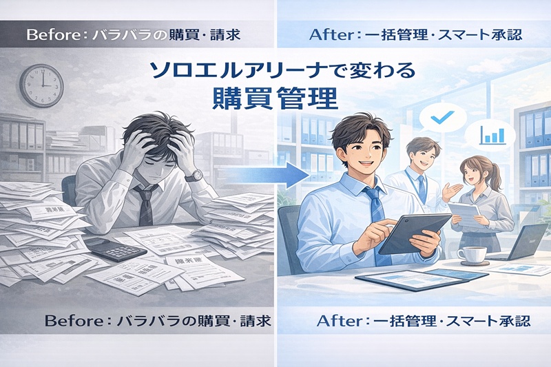 通常アスクルの分散管理による業務負荷と、ソロエルアリーナ導入によるスマートな購買管理の対比イメージ