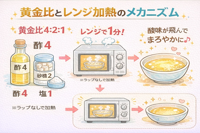 すし酢の黄金比は酢4・砂糖2・塩1。レンジで1分加熱することで酸味が飛び、まろやかになる仕組みの図解。