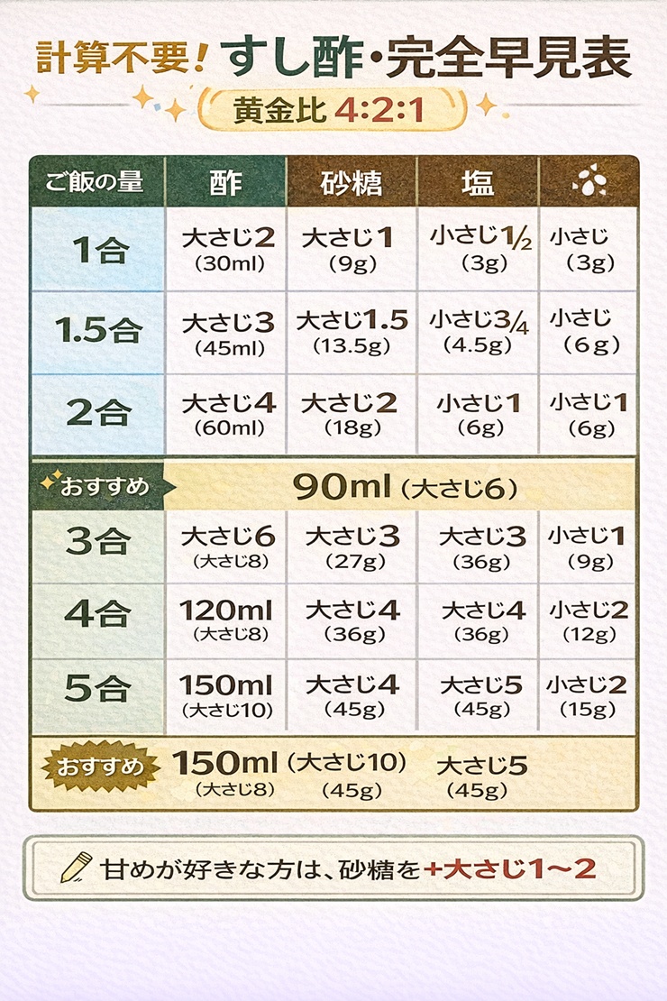 【スマホ保存版】1合〜5合まで計算不要！すし酢・完全早見表