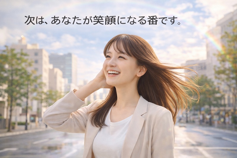 縮毛矯正で理想の髪を手に入れ、自信を持って街を歩く女性。