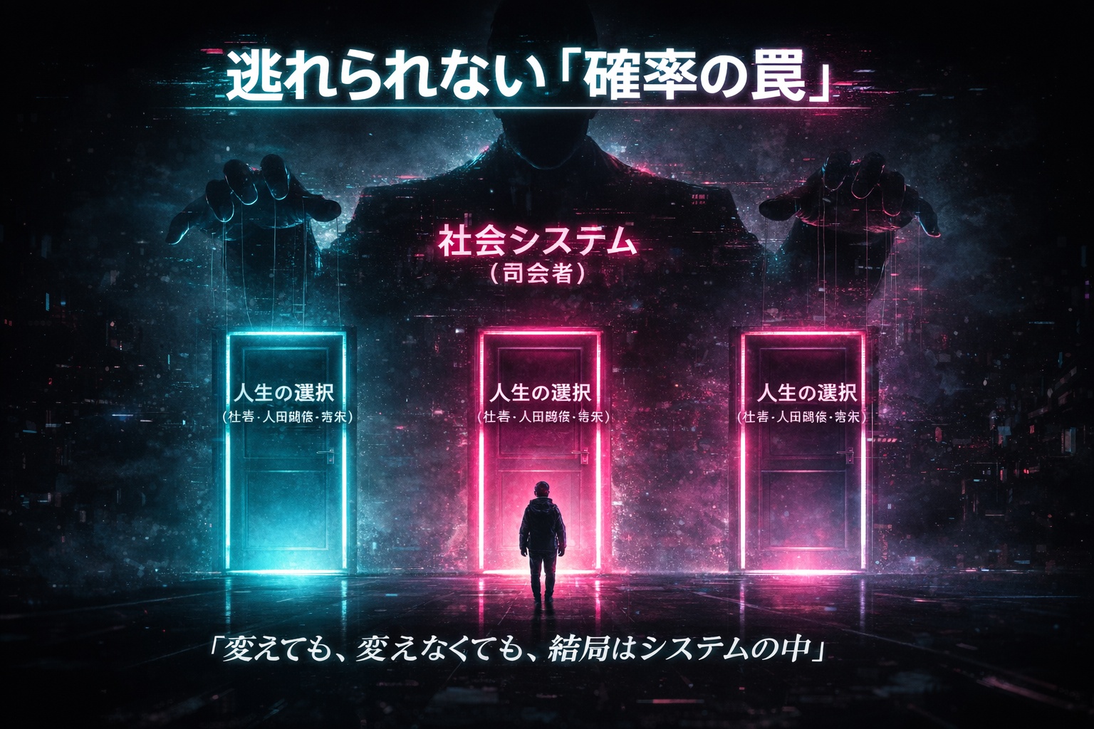 モンティ・ホール問題をメタファーとした、社会システムに翻弄される個人の図解。