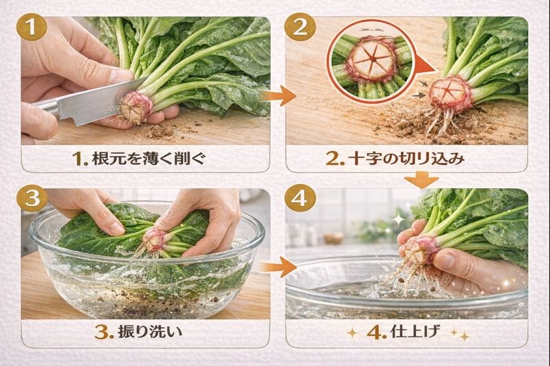 ちぢみほうれん草の根元に十字の切り込みを入れ、水中で振り洗いをして土を落とす手順