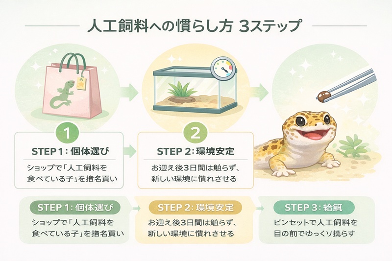 トカゲを人工飼料に慣れさせるための3つのステップ図解