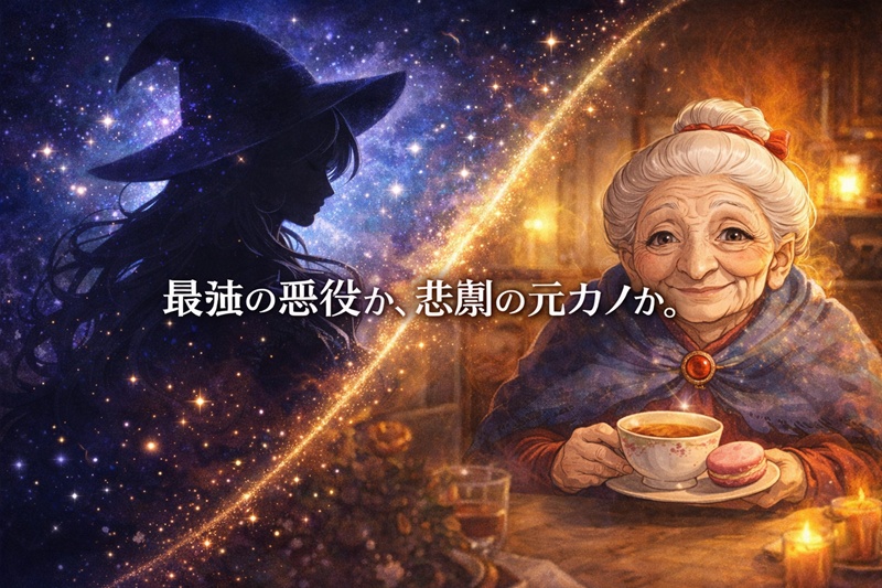 若き日の美しい荒地の魔女と、ハウルの動く城で暮らす老婆の姿の対比イラスト。