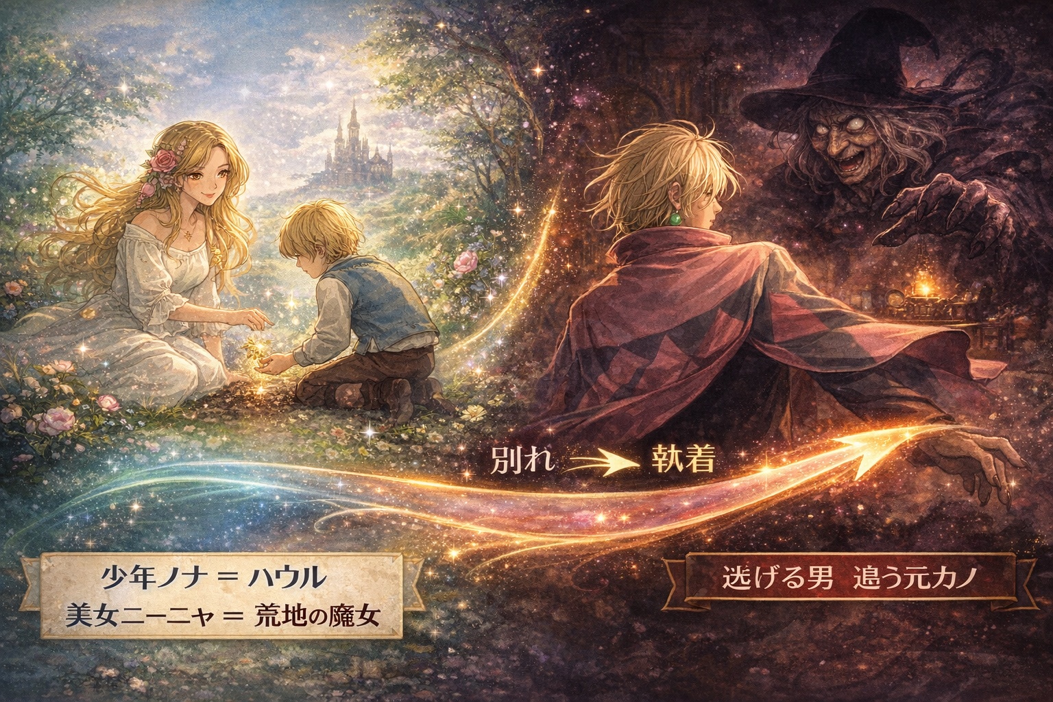 『星をかった日』のノナとニーニャが、現在のハウルと荒地の魔女の前身であることを示す相関図。