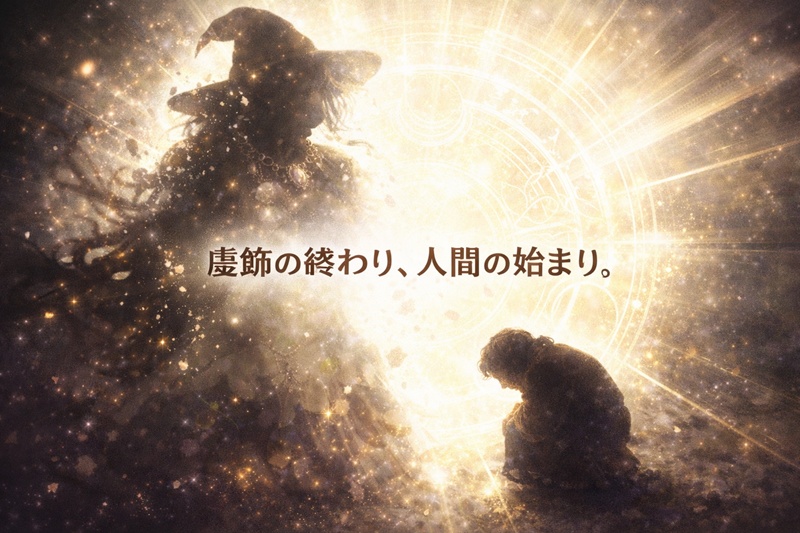 サリマンの魔法によって魔力を奪われ、実年齢の老婆に戻る荒地の魔女のシルエット。