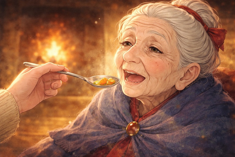 ソフィーが荒地の魔女に食事を与える介護のシーン。老いと許しの象徴。