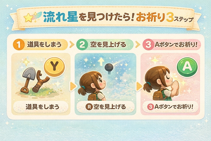 あつ森の流れ星イベントでのお祈りのやり方を示した図解。1.Yボタンで道具をしまう、2.右スティックで空を見上げる、3.Aボタンでお祈りする、という3ステップが描かれている。