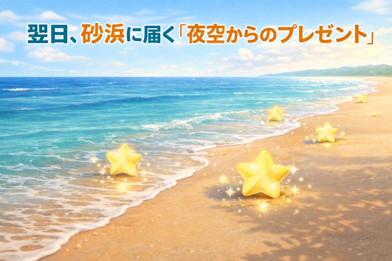 あつまれどうぶつの森の砂浜に流れ着いた「ほしのかけら」。お祈りに成功した翌日に入手できる報酬を示している