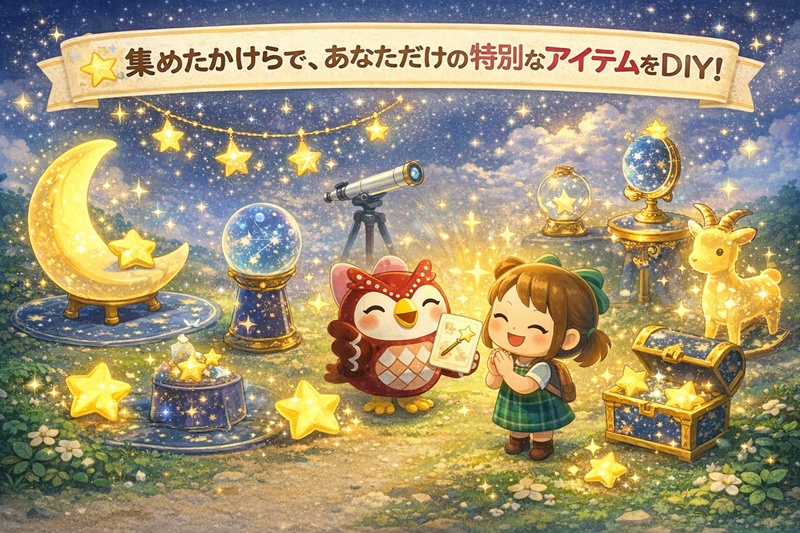 あつまれどうぶつの森の夜空に流れ星が流れる様子。プレイヤーが島で見上げており、この記事がお祈りの方法を解説することを示唆している。