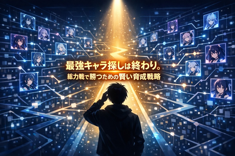 ブルーアーカイブの最強キャラ探しに悩むプレイヤーに、賢い育成戦略という一本の光の道が示されているアイキャッチ画像。