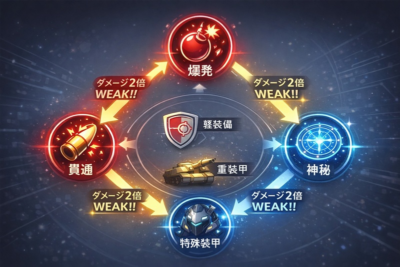 ブルーアーカイブの攻撃相性図。爆発は軽装備に、貫通は重装甲に、神秘は特殊装甲にそれぞれ有利な三すくみの関係性を示している。