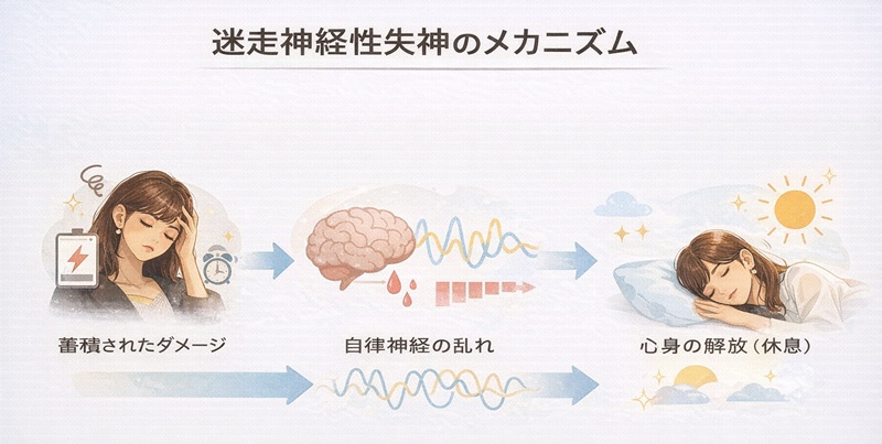 迷走神経性失神のメカニズム：ストレスから一時的な血流低下、そして回復のための休息が必要であることを示す図解。
