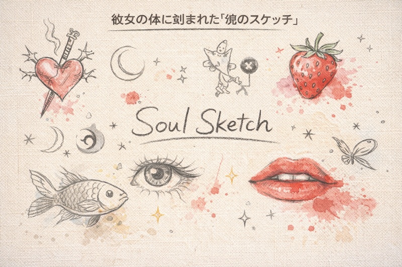 チェヨンのタトゥーのモチーフを芸術的なスケッチとして表現したコラージュ。