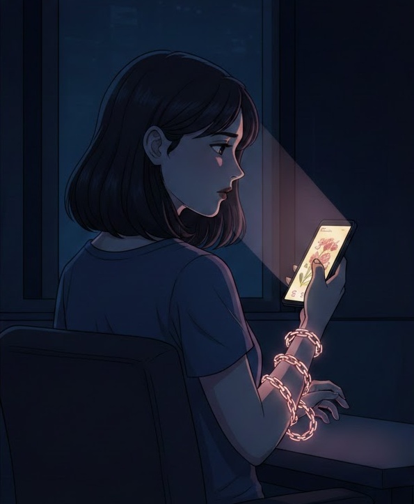 深夜に届く「どしたん話聞こか」のメッセージ。優しさの光が鎖となって女性を縛ろうとする、慈悲的性差別の象徴的イラスト。
