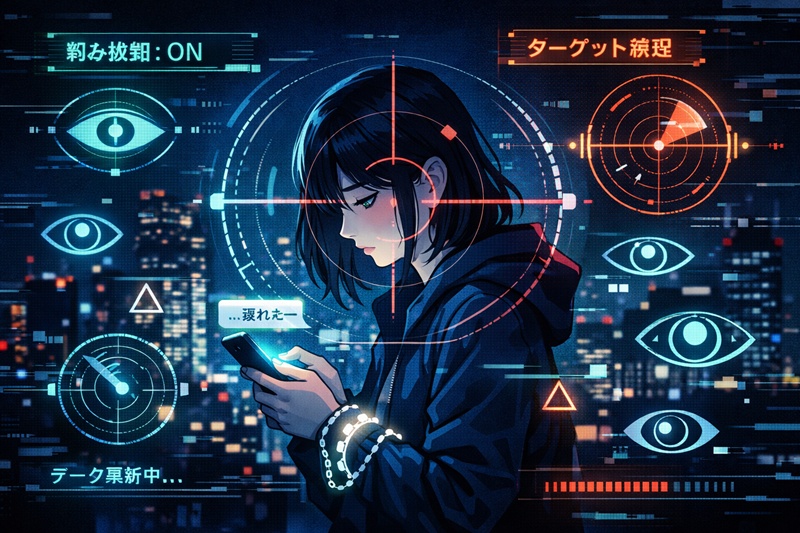 SNSで弱音を吐いた瞬間に捕捉される女性。マッチングアプリの男性による監視と生存バイアスの視覚化