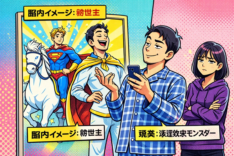 メサイアコンプレックスの視覚化。自分を救世主だと思い込んでいる男性と、その滑稽な実態