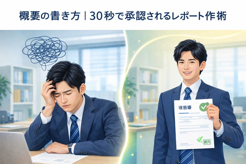 若手社員が報告書の概要作成に悩み、頭を抱えている状態から、解決策を見つけて自信に満ちた表情に変わる様子を描いたイラスト。