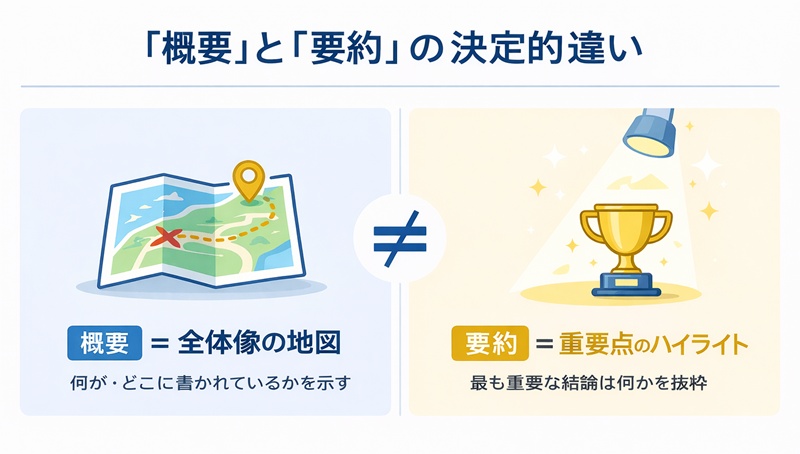 概要と要約の違いを示す図解。概要は全体像を示す「地図」のアイコンで、要約は重要点を照らす「ハイライト（トロフィー）」のアイコンで表現され、両者の目的の違いを視覚的に説明している。