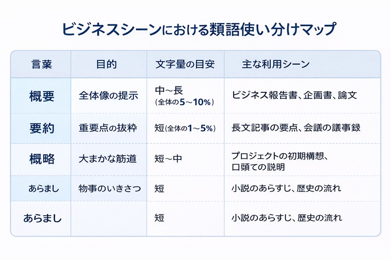 概要・要約・概略…もう迷わないビジネス類語使い分けマップ
