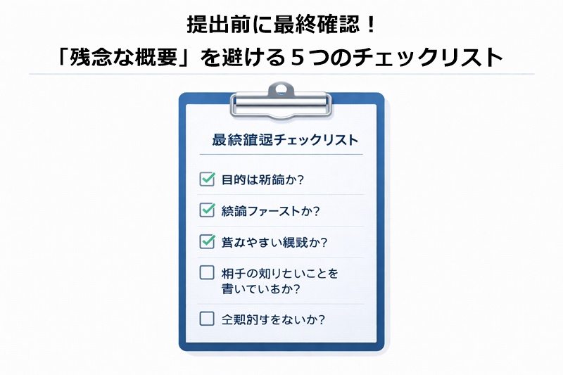 報告書の概要を提出する前に確認すべき5つの項目が書かれたチェックリストのイラスト。