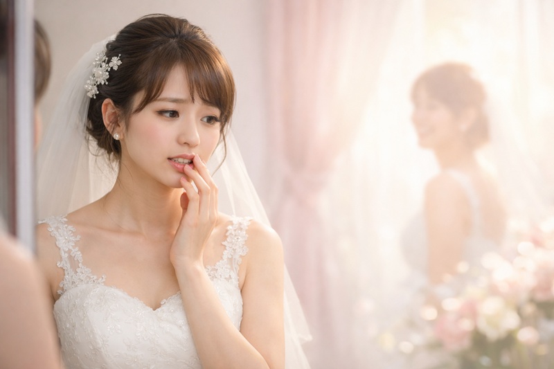 結婚式を控え、ガミースマイルを気にして鏡を見る花嫁。失敗しない治療選びのガイド。