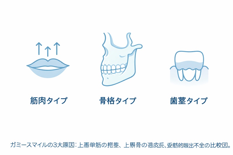 ガミースマイルの3大原因：上唇挙筋の発達、上顎骨の過成長、受動的萌出不全の比較図。