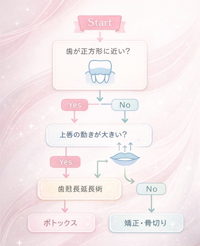 ガミースマイル治療法診断フローチャート。歯の形、唇の動き、骨格から最適な治療法（歯冠長延長術、ボトックス、アンカースクリュー）を判定。