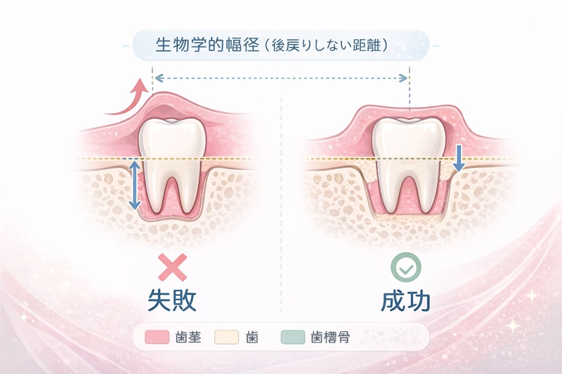 歯肉整形の後戻りメカニズム図解。生物学的幅径を侵害する単純切除と、歯槽骨整形を併用する歯冠長延長術の違い。