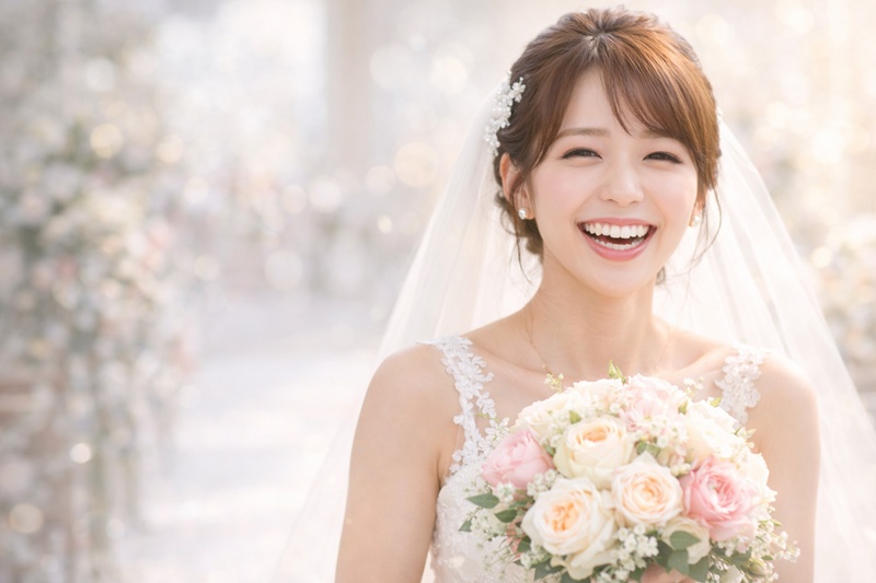 ガミースマイル治療を終え、手で口を隠さず自信を持って笑う花嫁。
