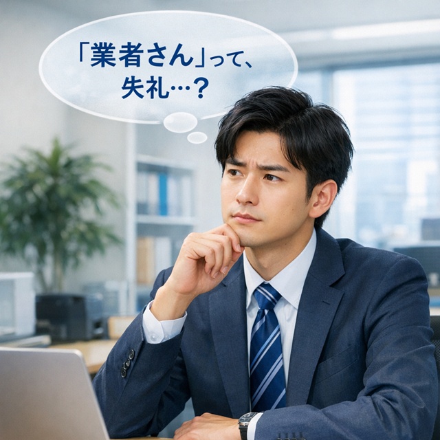 「業者」という呼称がビジネスマナーとして適切か悩む若手社員。言葉遣い一つが取引先との信頼関係に影響することを案じている。