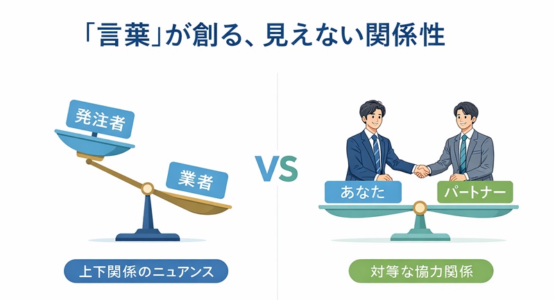 「業者」と「パートナー」という呼称が与える印象の違いを示す図解。傾いた天秤は「業者」が持つ上下関係のニュアンスを、水平な天秤は「パートナー」が示す対等な関係性を象徴している。