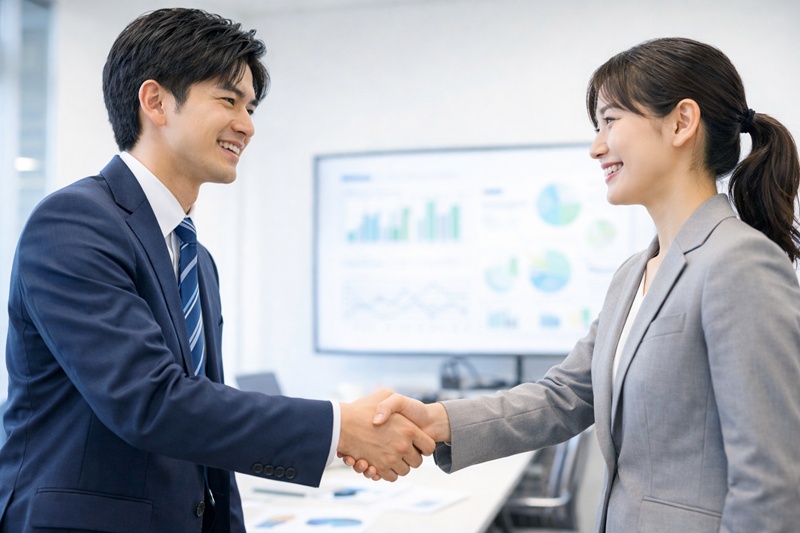 パートナーとして対等な関係を築き、信頼関係の証として握手を交わすビジネスパーソン。適切な呼称の選択が、良好な協力関係に繋がることを示している。