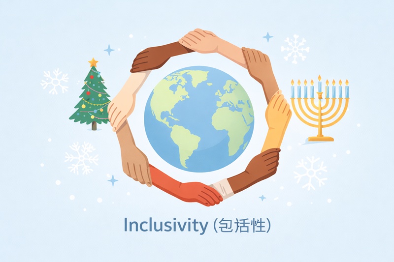 地球儀を囲む多様な人々と、クリスマスやハヌカーなど異なる文化の調和。