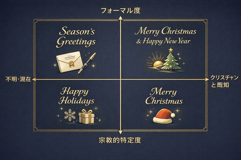 相手の宗教と関係性で選ぶ年末挨拶の正解マトリクス図。宗教不明時はHappy HolidaysかSeason's Greetingsが推奨される。
