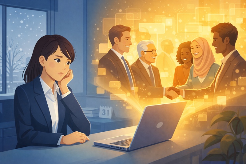 オフィスで年末の挨拶メールに悩む女性と、その解決策となる異文化コミュニケーションの成功イメージ。