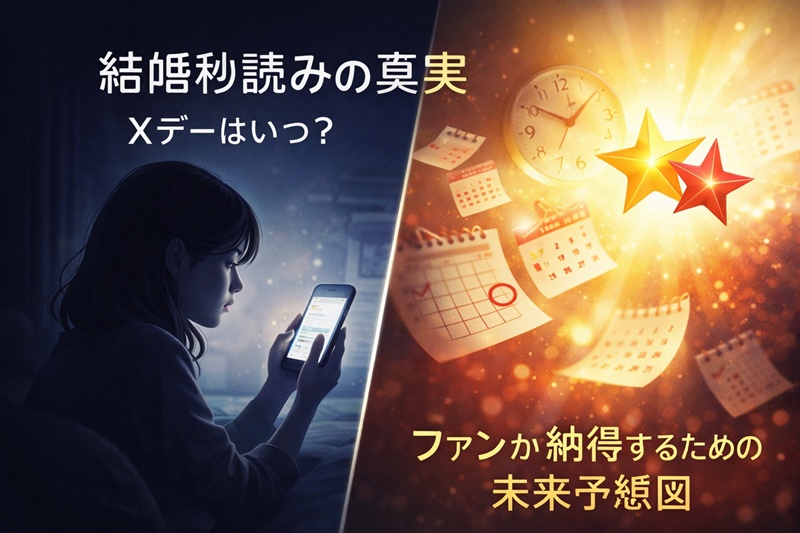 スマホでニュースを見て不安になる女性と、カレンダーに基づいた結婚発表の未来予測を示すイメージ図。