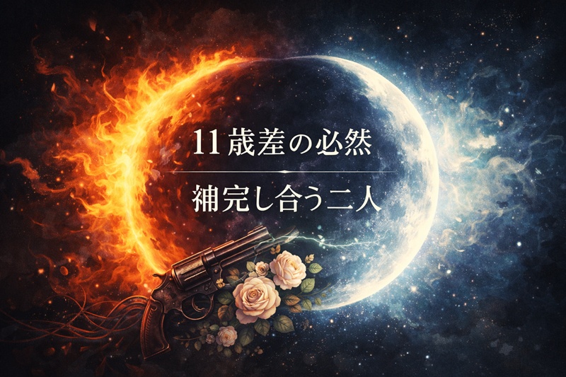 太陽と月のように対照的だが互いに補完し合う関係性を象徴する抽象画。