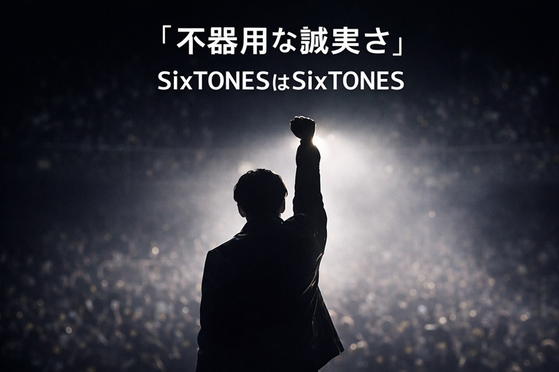 ステージ上で力強く拳を掲げるアイドルの背中。グループへの変わらぬ決意を表現。