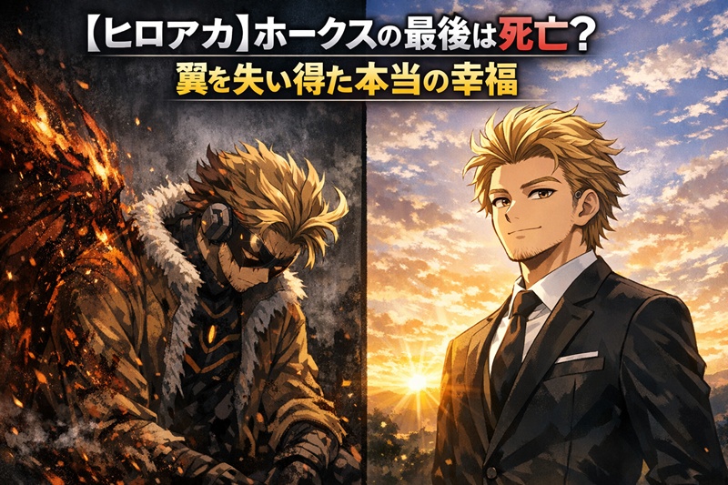 翼を失い苦悩するホークスと、公安委員長として希望に満ちた表情のホークスの対比。彼の物語が喪失ではなく再生であることを象徴するアイキャッチ。